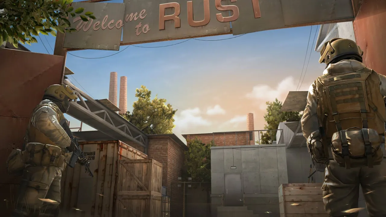 Standoff 2'de Rust haritasının girişinde duran iki oyuncu